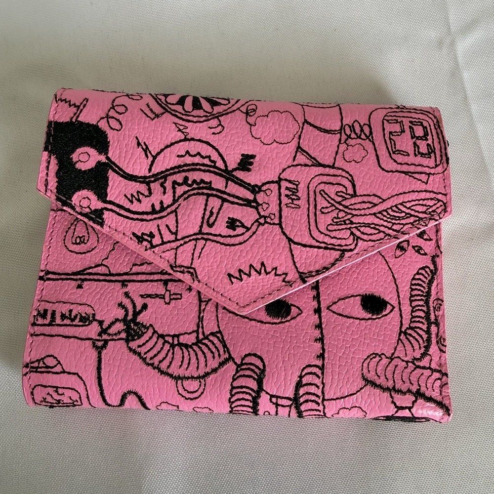 Min & Mon Hot Pink Trifold Leather Cardholder Slim Wallet Coin Purse Robots